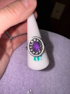 bp Purple Oval Halo Silver-Tone Ring
